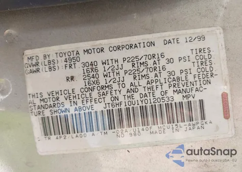 2000 Lexus Rx 300 из США, поврежденный, VIN JT6HF10U1Y0120533